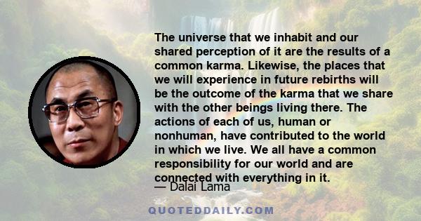 The universe that we inhabit and our shared perception of it are the results of a common karma. Likewise, the places that we will experience in future rebirths will be the outcome of the karma that we share with the