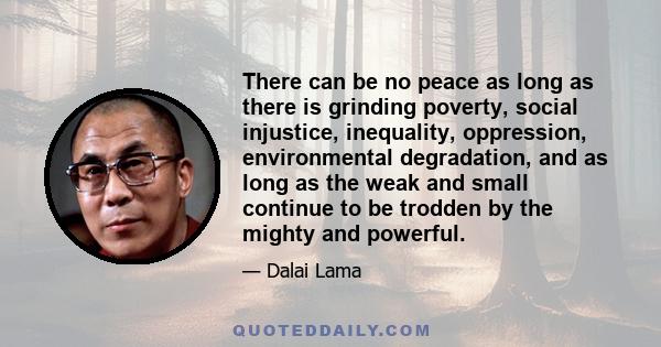 There can be no peace as long as there is grinding poverty, social injustice, inequality, oppression, environmental degradation, and as long as the weak and small continue to be trodden by the mighty and powerful.