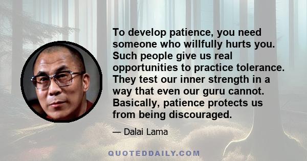 To develop patience, you need someone who willfully hurts you. Such people give us real opportunities to practice tolerance. They test our inner strength in a way that even our guru cannot. Basically, patience protects