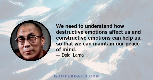 We need to understand how destructive emotions affect us and constructive emotions can help us, so that we can maintain our peace of mind.