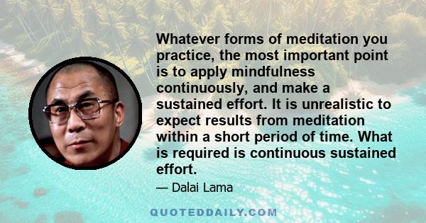 Whatever forms of meditation you practice, the most important point is to apply mindfulness continuously, and make a sustained effort. It is unrealistic to expect results from meditation within a short period of time.