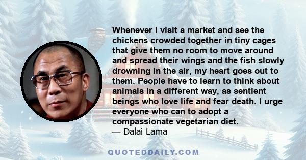 Whenever I visit a market and see the chickens crowded together in tiny cages that give them no room to move around and spread their wings and the fish slowly drowning in the air, my heart goes out to them. People have