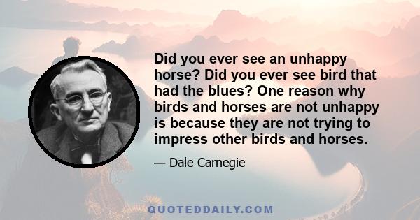 Did you ever see an unhappy horse? Did you ever see bird that had the blues? One reason why birds and horses are not unhappy is because they are not trying to impress other birds and horses.