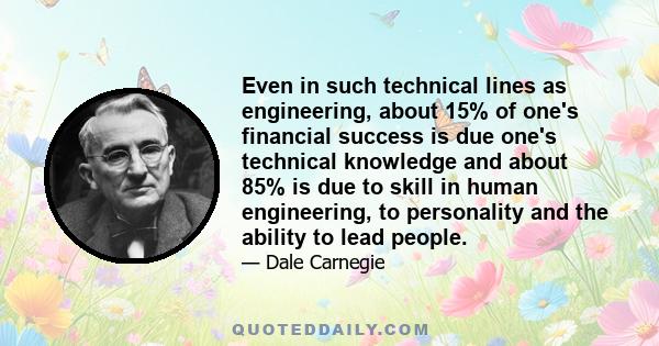 Even in such technical lines as engineering, about 15% of one's financial success is due one's technical knowledge and about 85% is due to skill in human engineering, to personality and the ability to lead people.