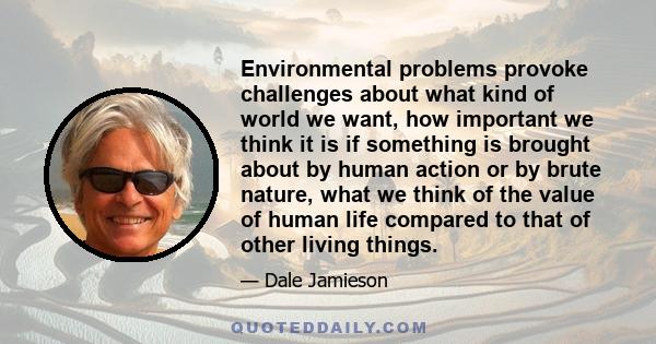 Environmental problems provoke challenges about what kind of world we want, how important we think it is if something is brought about by human action or by brute nature, what we think of the value of human life