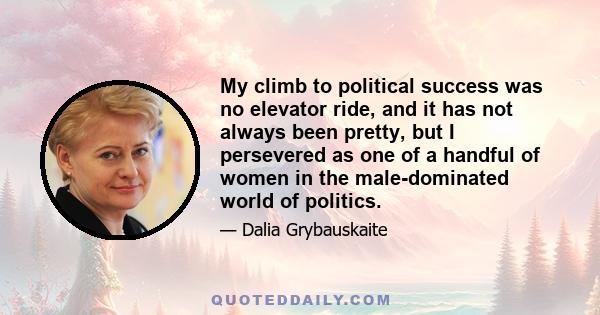 My climb to political success was no elevator ride, and it has not always been pretty, but I persevered as one of a handful of women in the male-dominated world of politics.