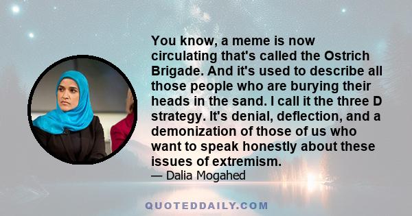 You know, a meme is now circulating that's called the Ostrich Brigade. And it's used to describe all those people who are burying their heads in the sand. I call it the three D strategy. It's denial, deflection, and a