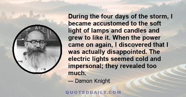 During the four days of the storm, I became accustomed to the soft light of lamps and candles and grew to like it. When the power came on again, I discovered that I was actually disappointed. The electric lights seemed