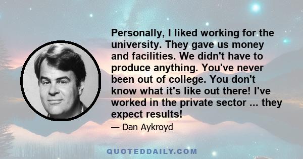 Personally, I liked working for the university. They gave us money and facilities. We didn't have to produce anything. You've never been out of college. You don't know what it's like out there! I've worked in the