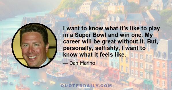 I want to know what it's like to play in a Super Bowl and win one. My career will be great without it. But, personally, selfishly, I want to know what it feels like.