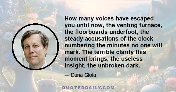 How many voices have escaped you until now, the venting furnace, the floorboards underfoot, the steady accusations of the clock numbering the minutes no one will mark. The terrible clarity this moment brings, the