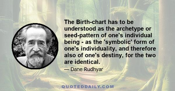 The Birth-chart has to be understood as the archetype or seed-pattern of one's individual being - as the 'symbolic' form of one's individuality, and therefore also of one's destiny, for the two are identical.