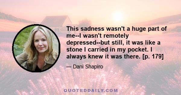 This sadness wasn't a huge part of me--I wasn't remotely depressed--but still, it was like a stone I carried in my pocket. I always knew it was there. [p. 179]