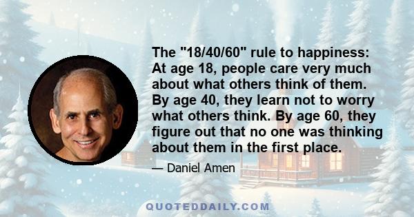 The 18/40/60 rule to happiness: At age 18, people care very much about what others think of them. By age 40, they learn not to worry what others think. By age 60, they figure out that no one was thinking about them in