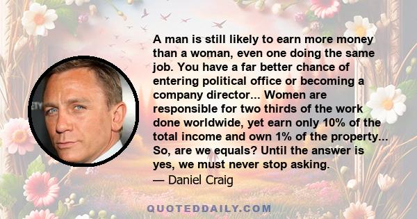 A man is still likely to earn more money than a woman, even one doing the same job. You have a far better chance of entering political office or becoming a company director... Women are responsible for two thirds of the 