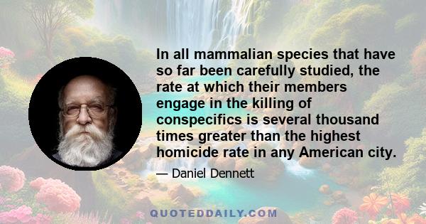 In all mammalian species that have so far been carefully studied, the rate at which their members engage in the killing of conspecifics is several thousand times greater than the highest homicide rate in any American