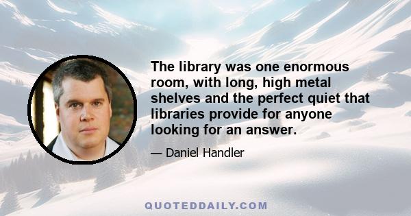 The library was one enormous room, with long, high metal shelves and the perfect quiet that libraries provide for anyone looking for an answer.