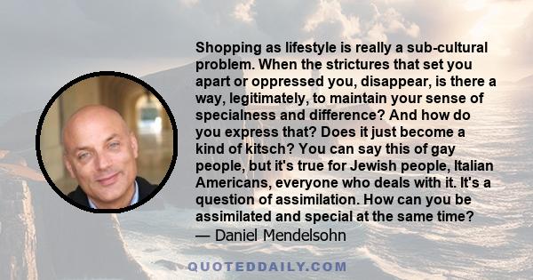 Shopping as lifestyle is really a sub-cultural problem. When the strictures that set you apart or oppressed you, disappear, is there a way, legitimately, to maintain your sense of specialness and difference? And how do