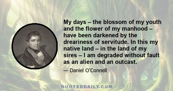 My days – the blossom of my youth and the flower of my manhood – have been darkened by the dreariness of servitude. In this my native land – in the land of my sires – I am degraded without fault as an alien and an