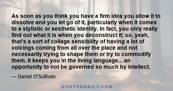 As soon as you think you have a firm idea you allow it to dissolve and you let go of it, particularly when it comes to a stylistic or aesthetic identity. In fact, you only really find out what it is when you deconstruct 