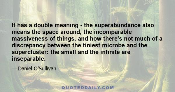 It has a double meaning - the superabundance also means the space around, the incomparable massiveness of things, and how there's not much of a discrepancy between the tiniest microbe and the supercluster: the small and 