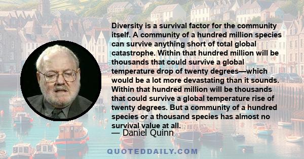 Diversity is a survival factor for the community itself. A community of a hundred million species can survive anything short of total global catastrophe. Within that hundred million will be thousands that could survive