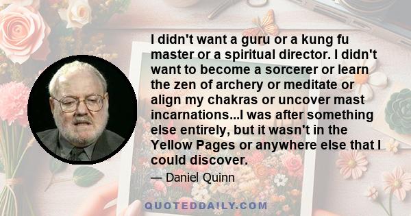 I didn't want a guru or a kung fu master or a spiritual director. I didn't want to become a sorcerer or learn the zen of archery or meditate or align my chakras or uncover mast incarnations...I was after something else