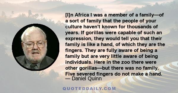 [I]n Africa I was a member of a family—of a sort of family that the people of your culture haven't known for thousands of years. If gorillas were capable of such an expression, they would tell you that their family is