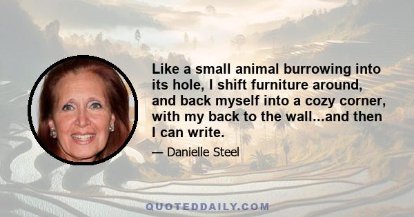 Like a small animal burrowing into its hole, I shift furniture around, and back myself into a cozy corner, with my back to the wall...and then I can write.