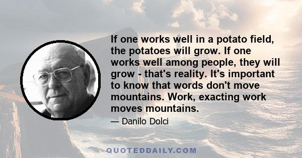 If one works well in a potato field, the potatoes will grow. If one works well among people, they will grow - that's reality. It's important to know that words don't move mountains. Work, exacting work moves mountains.