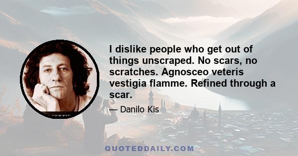 I dislike people who get out of things unscraped. No scars, no scratches. Agnosceo veteris vestigia flamme. Refined through a scar.