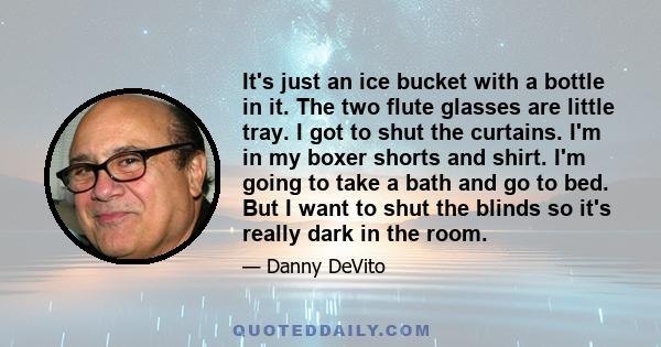 It's just an ice bucket with a bottle in it. The two flute glasses are little tray. I got to shut the curtains. I'm in my boxer shorts and shirt. I'm going to take a bath and go to bed. But I want to shut the blinds so