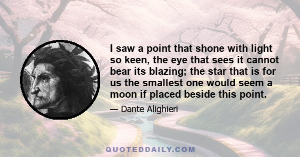 I saw a point that shone with light so keen, the eye that sees it cannot bear its blazing; the star that is for us the smallest one would seem a moon if placed beside this point.