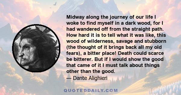 Midway along the journey of our life I woke to find myself in a dark wood, for I had wandered off from the straight path. How hard it is to tell what it was like, this wood of wilderness, savage and stubborn (the