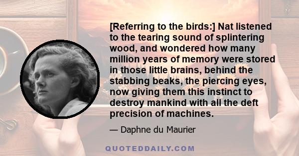 [Referring to the birds:] Nat listened to the tearing sound of splintering wood, and wondered how many million years of memory were stored in those little brains, behind the stabbing beaks, the piercing eyes, now giving 