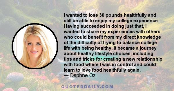 I wanted to lose 30 pounds healthfully and still be able to enjoy my college experience. Having succeeded in doing just that, I wanted to share my experiences with others who could benefit from my direct knowledge of