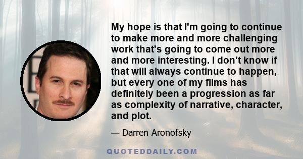 My hope is that I'm going to continue to make more and more challenging work that's going to come out more and more interesting. I don't know if that will always continue to happen, but every one of my films has