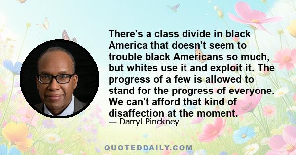 There's a class divide in black America that doesn't seem to trouble black Americans so much, but whites use it and exploit it. The progress of a few is allowed to stand for the progress of everyone. We can't afford