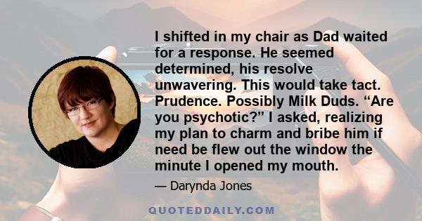 I shifted in my chair as Dad waited for a response. He seemed determined, his resolve unwavering. This would take tact. Prudence. Possibly Milk Duds. “Are you psychotic?” I asked, realizing my plan to charm and bribe