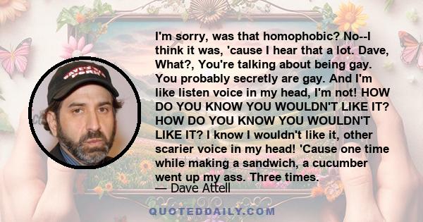 I'm sorry, was that homophobic? No--I think it was, 'cause I hear that a lot. Dave, What?, You're talking about being gay. You probably secretly are gay. And I'm like listen voice in my head, I'm not! HOW DO YOU KNOW