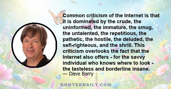 Common criticism of the Internet is that it is dominated by the crude, the uninformed, the immature, the smug, the untalented, the repetitious, the pathetic, the hostile, the deluded, the sefl-righteous, and the shrill. 