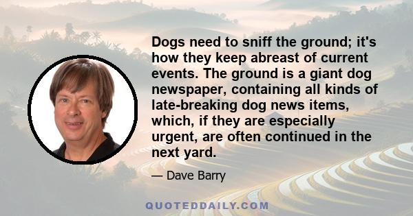 Dogs need to sniff the ground; it's how they keep abreast of current events. The ground is a giant dog newspaper, containing all kinds of late-breaking dog news items, which, if they are especially urgent, are often