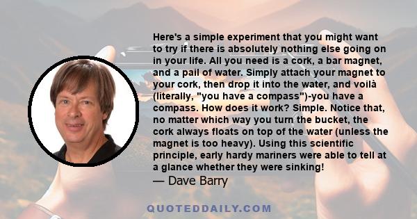 Here's a simple experiment that you might want to try if there is absolutely nothing else going on in your life. All you need is a cork, a bar magnet, and a pail of water. Simply attach your magnet to your cork, then