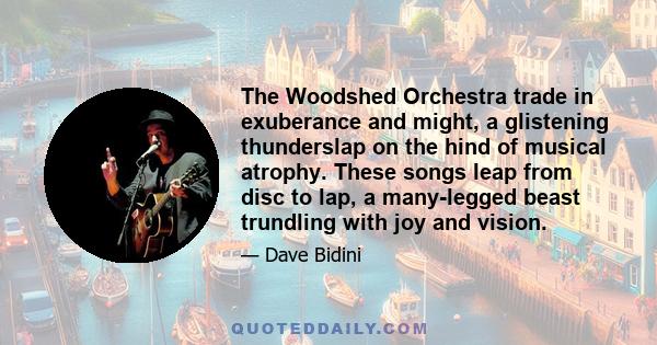 The Woodshed Orchestra trade in exuberance and might, a glistening thunderslap on the hind of musical atrophy. These songs leap from disc to lap, a many-legged beast trundling with joy and vision.