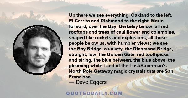 Up there we see everything, Oakland to the left, El Cerrito and Richmond to the right, Marin forward, over the Bay, Berkeley below, all red rooftops and trees of cauliflower and columbine, shaped like rockets and