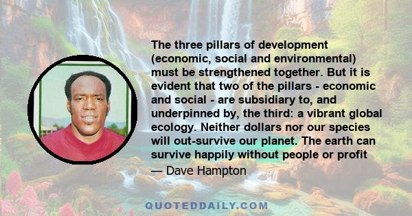 The three pillars of development (economic, social and environmental) must be strengthened together. But it is evident that two of the pillars - economic and social - are subsidiary to, and underpinned by, the third: a