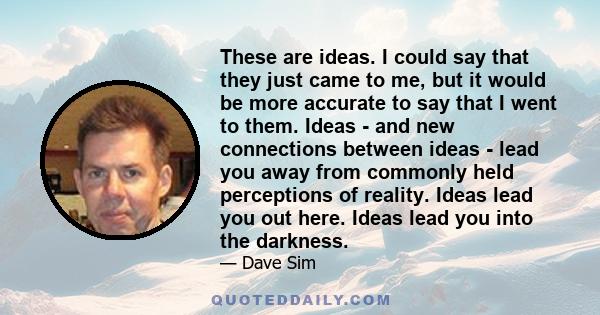 These are ideas. I could say that they just came to me, but it would be more accurate to say that I went to them. Ideas - and new connections between ideas - lead you away from commonly held perceptions of reality.