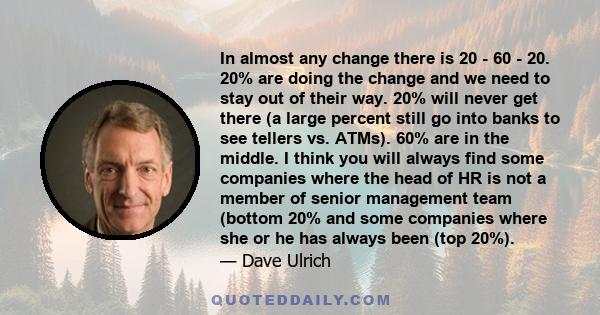 In almost any change there is 20 - 60 - 20. 20% are doing the change and we need to stay out of their way. 20% will never get there (a large percent still go into banks to see tellers vs. ATMs). 60% are in the middle. I 