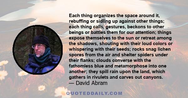 Each thing organizes the space around it, rebuffing or sidling up against other things; each thing calls, gestures, beckons to other beings or battles them for our attention; things expose themselves to the sun or