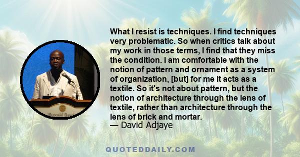 What I resist is techniques. I find techniques very problematic. So when critics talk about my work in those terms, I find that they miss the condition. I am comfortable with the notion of pattern and ornament as a